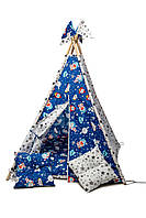 Вигвам детский палатка для дома с матрасом Бон бон и подушками "Ракеты синий"