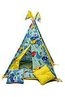 Вигвам детский палатка для дома с матрасом Бон бон и подушками "Машинки синий"