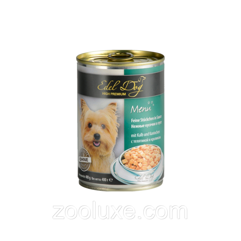 Edel Dog 400 г ніжні шматочки в соусі з телятиною та кроликом 400 г корм для собак у консерві