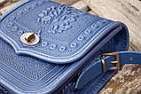 Шкіряна сумка через плече темно-синя прямокутна з орнаментом тисненням Етно, фото 6