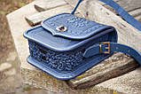 Шкіряна сумка через плече темно-синя прямокутна з орнаментом тисненням Етно, фото 7