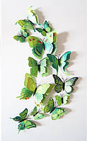 Объемные 3D бабочки на стену (обои) для декора двойные зеленые цветные