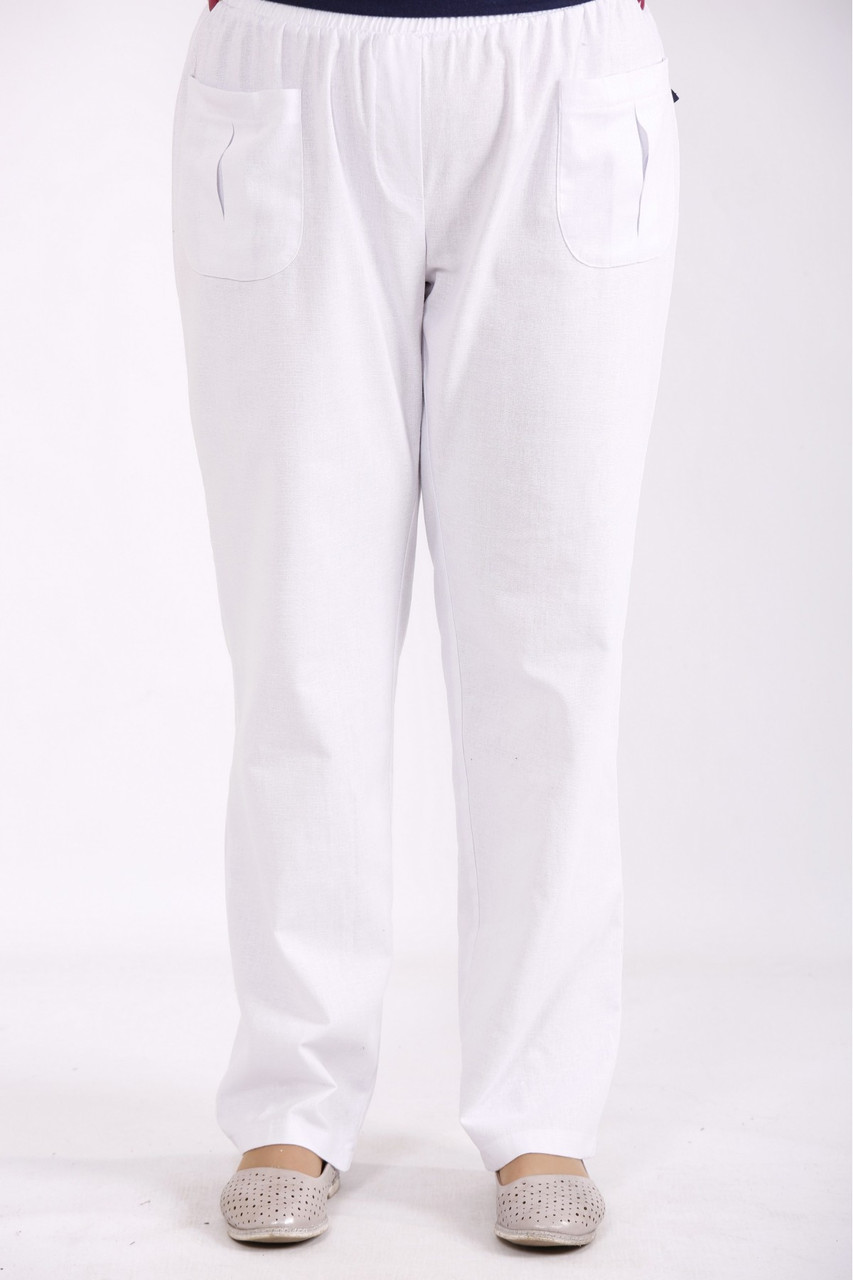 Білі штани великого розміру льон без застібок з кишенями