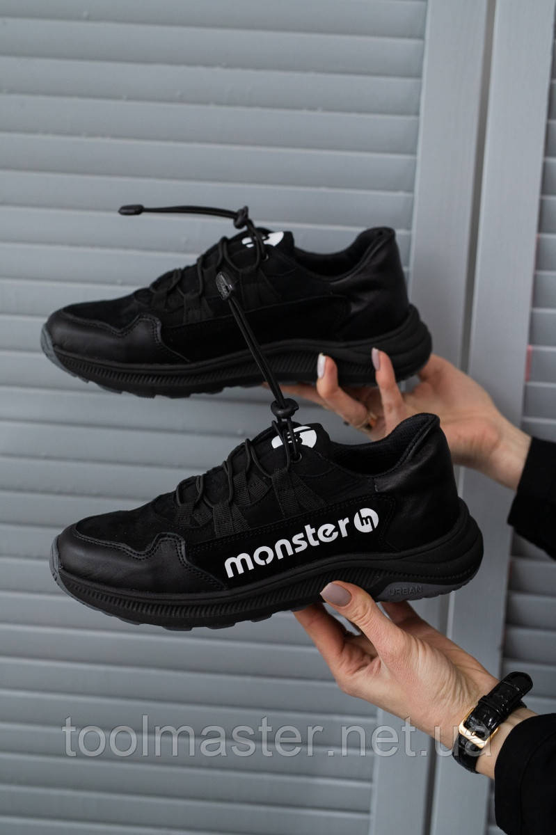Підліткові кросівки шкіряні весняно-осінні чорні Monster ХАН чорна підошва (37)