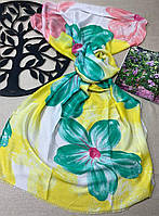 Цветочный женский весенний шарф палантин из натурального хлопка. Турецкий палантин с цветочным рисунком Желто - Зеленый