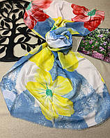 Цветочный женский весенний шарф палантин из натурального хлопка. Турецкий палантин с цветочным рисунком Желто - Голубой