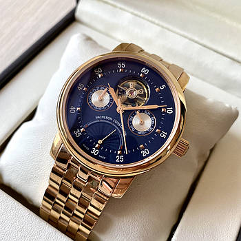 Механічний годинник Vacheron Constantin steel gold blue AAA класичні наручні на сталевому золотистому браслеті