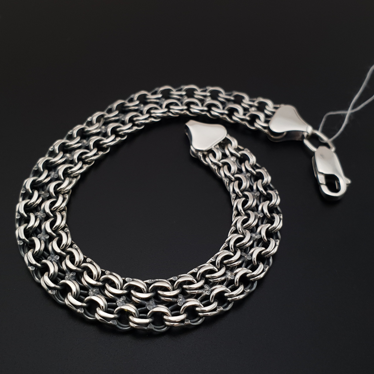 Широкий срібний браслет чоловічий бісмарк подвійний. Браслет на руку срібло 925. Ширина 9 мм. Довжина 19 см, фото 1