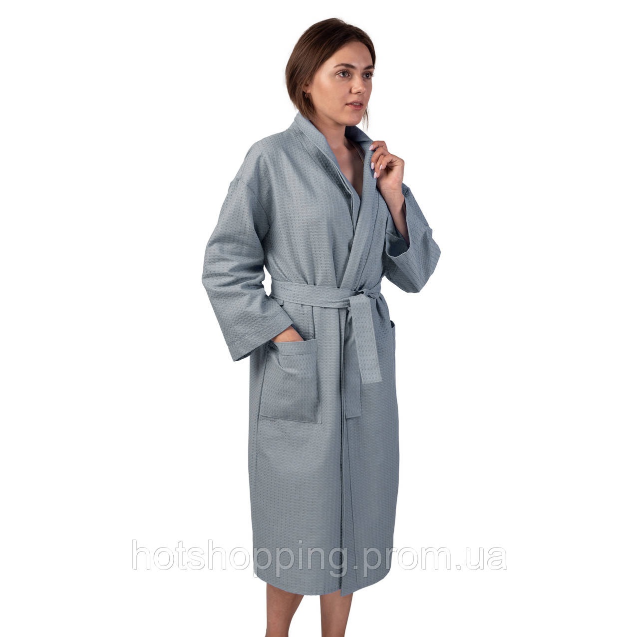 Вафельный халат Luxyart Кимоно размер (54-56) XL 100% хлопок серый (LS-3377) ht - фото 1 - id-p2145392278