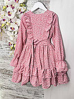 Платье подростковое весеннее из ткани софт с поясом розовое