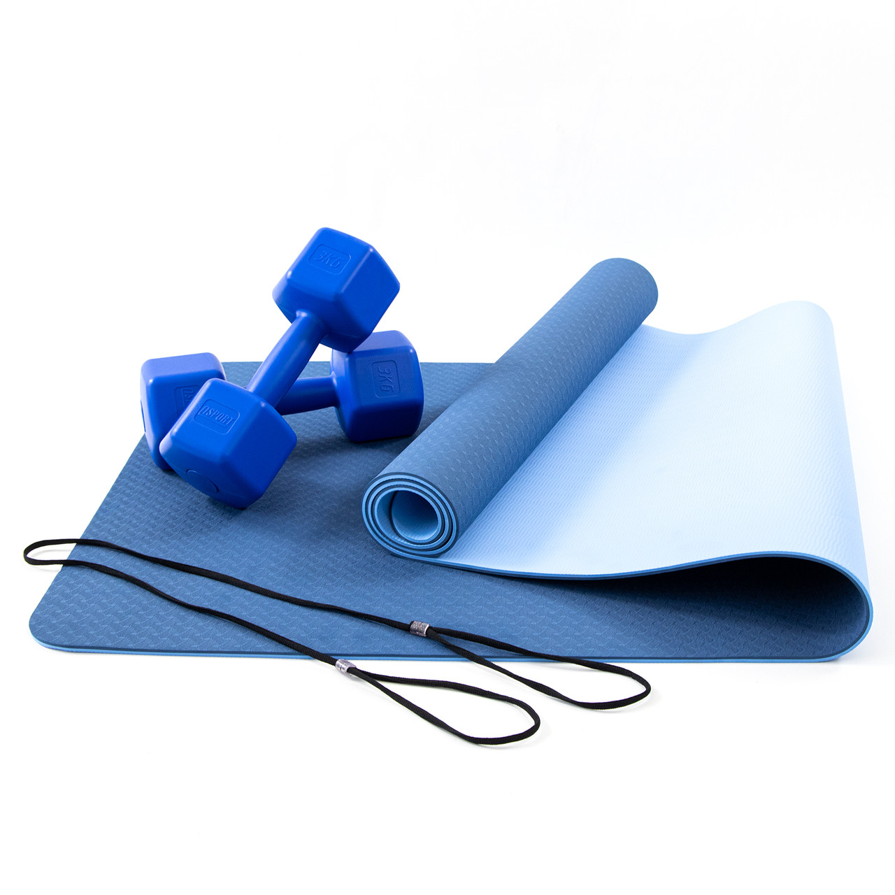 Килимок для йоги, фітнесу, спорту (йога мат, каремат) + гантелі для фітнесу 2шт по 3кг OSPORT Set 65 (n-0095) Синьо-синій, фото 1