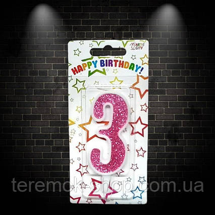 Свічка цифра 3 рожева з блиском біла окантовка для святкового торта