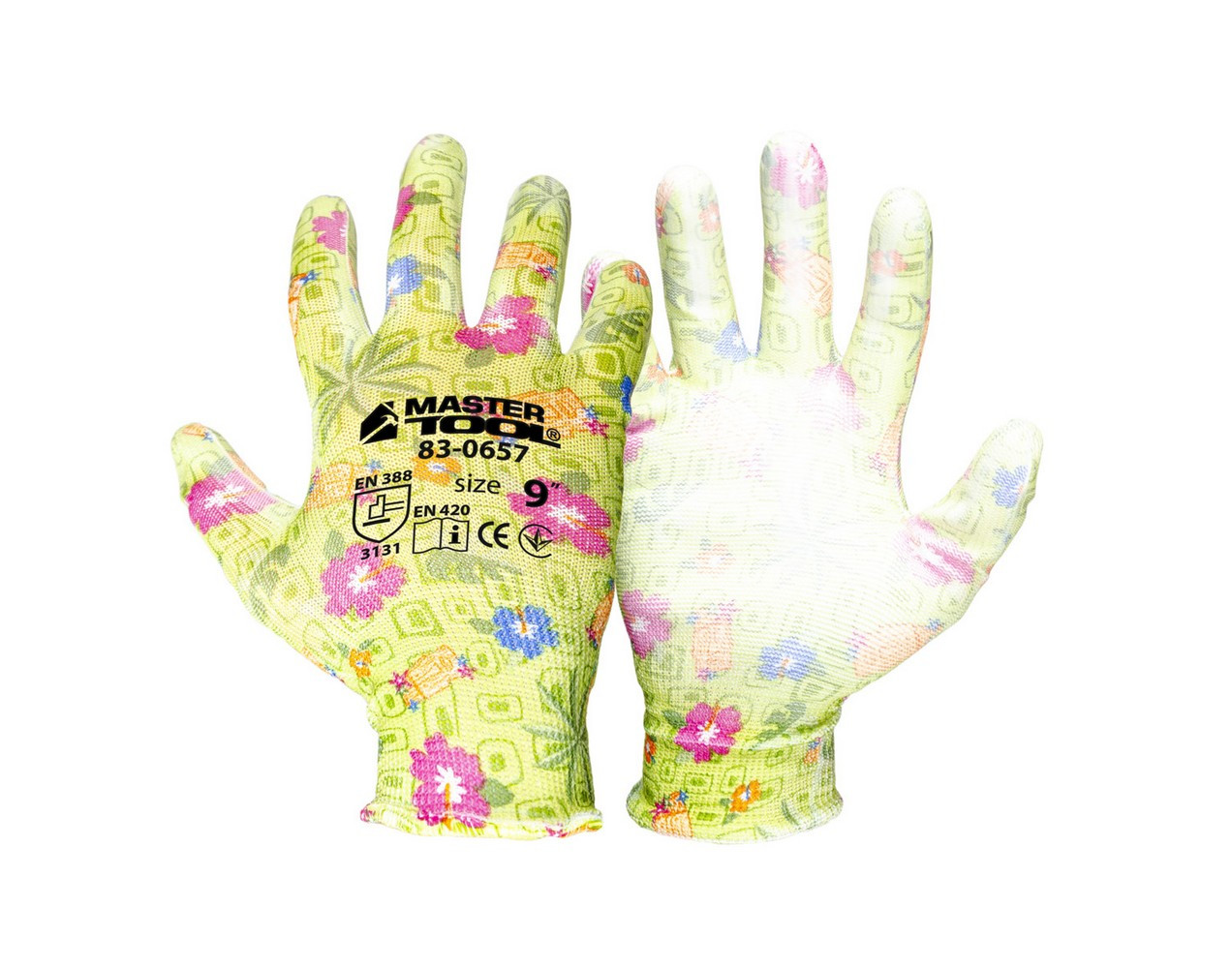 Рукавички трикотажні безшовні MASTERTOOL "Хризантема" з поліуретановим покриттям долоні 9" 17-20 г підвіс 12, фото 1