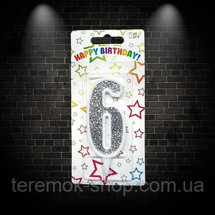 Свічка для торта цифра 6 срібло