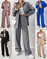 Вельветовый женский прогулочный костюм двойка с рубашкой и брюками палаццо мокко серый электрик 42-44- 46-48