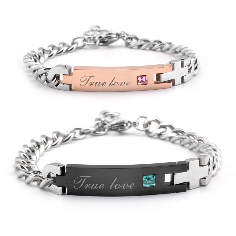 Парні браслети для закоханих з гравіюванням True Love з нержавіючої сталі 18см і 16 см 28038, фото 1