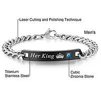 Браслети парні для двох закоханих пар із гравіюванням His Queen Her King 22 см 28039, фото 3