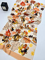 Натуральний жіночий шарф палантин з яскравими квітами. Турецький весняний палантин із натуральної бавовни Коричнево-Жовтогарячий