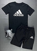 Мужской черный хлопоквый брендовый комплект Adidas футболка с логотипом на груди + шорты