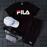 Мужской летний спортивный костюм Fila черные шорты + футболка с логотипом из 100% хлопка