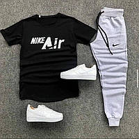 Мужской демисезоный спортивный комплект черная футболка + спортивные серые штаны NIKE Air из трикотажа