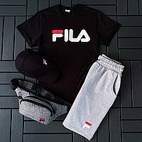 Мужской демисезонный спортивный комплект с логотипом футболка + шорты + бейсболка Fila из 100% хлопка