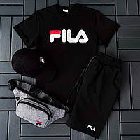 Мужской спортивный Комплект Fila 3 в 1 Футболка + шорты + кепка Высочайшее качество. Приятный к телу
