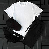 Мужской летний комплект черные шорты + белая футболка из 100% хлопка с коротким рукавом