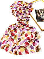 Хлопковый женский шарф палантин на весну. Турецкий палантин с абстрактными листочками Сиренево - Бордовый