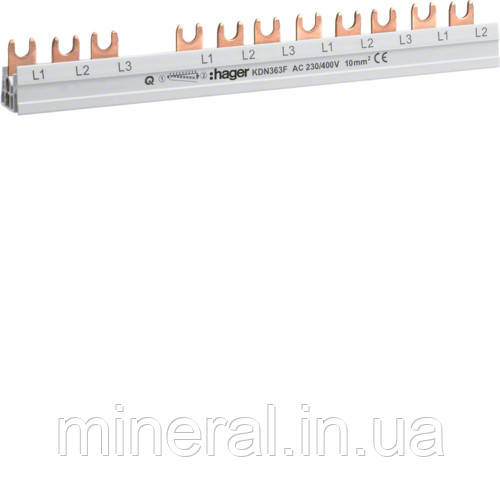 Шина фазна 3P 10 мм12M (1xПЗВ 4п + 8хАвт.Вим. 1п), Hager, (KDN363F)
