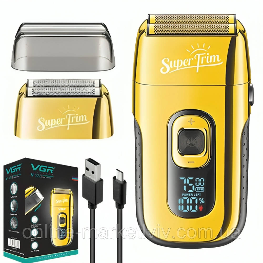 Електробритва з дисплеєм від USB, VGR Super Trim V-332, Золотий / Акумуляторна бритва для обличчя / Шейвер