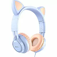 Наушники детские накладные с микрофоном Hoco W36 Blue проводные с ушками голубые для мальчика и девочки