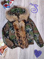 Жіноча зимова куртка з капюшоном натуральним хутром колір хакі з камуфляжним принтом Розмір S