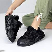Женские кроссовки на широкой шнуровке кожаные с текстильной сеткой черные Glaze