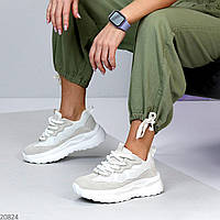 Женские кроссовки на широкой шнуровке замшевые с текстильной сеткой белые Stream