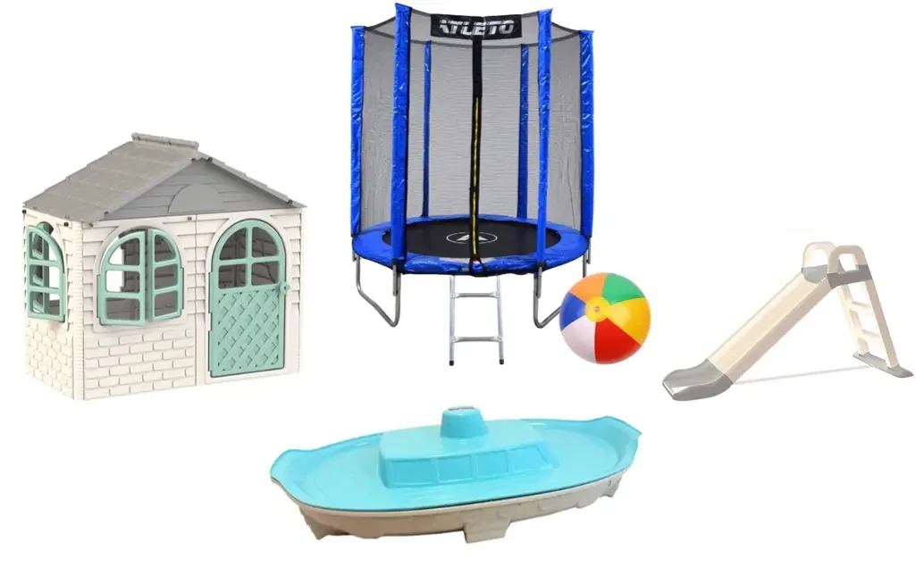 НАБІР Дитячий пластиковий будиночок зі шторками, дитяча пластикова гірка, пісочниця ТМ Doloni і батут 183 см