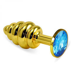 Ребриста анальна пробка з блакитним кристалом Lovetoy Rosebud Spiral Metal Plug 10 см Золото ZZ, код: 7545232