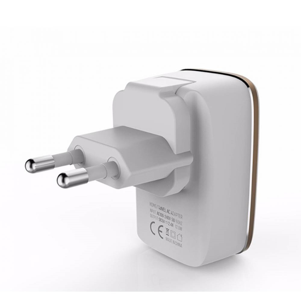 Home Charger 2.4A 2U Lightning Cable (1m) Ldnio A2204 White, фото 1