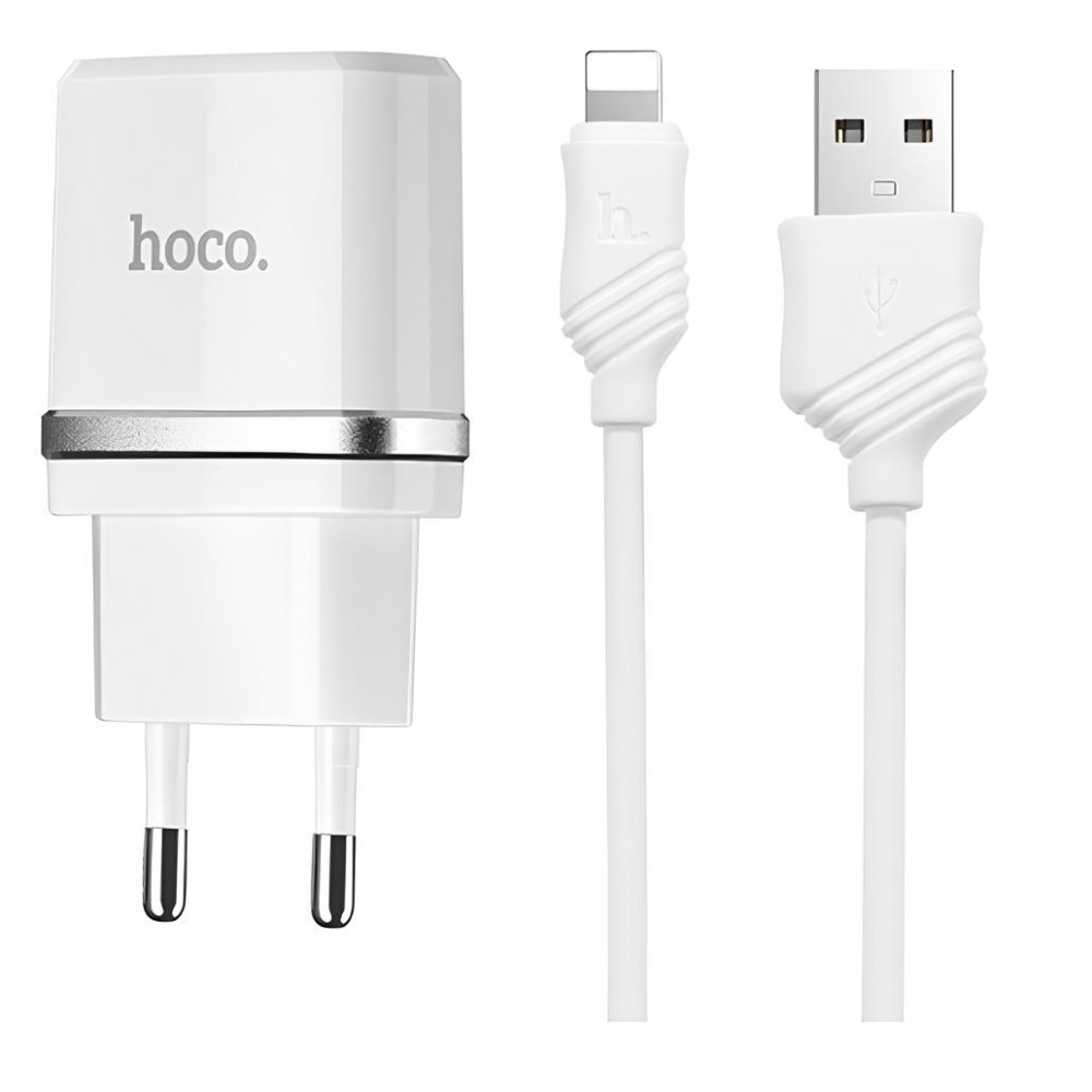 Home Charger 2.4A 2U Lightning Cable (1m) Hoco C12 Black — White, фото 1