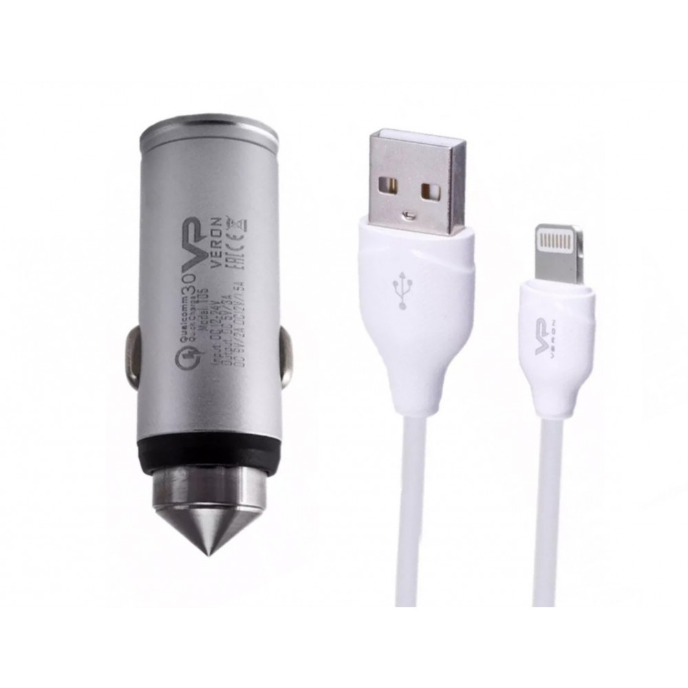 Car Charger | 3.0A | QC3.0 | Lightning Cable (1m) — Veron T05L Metal, фото 1