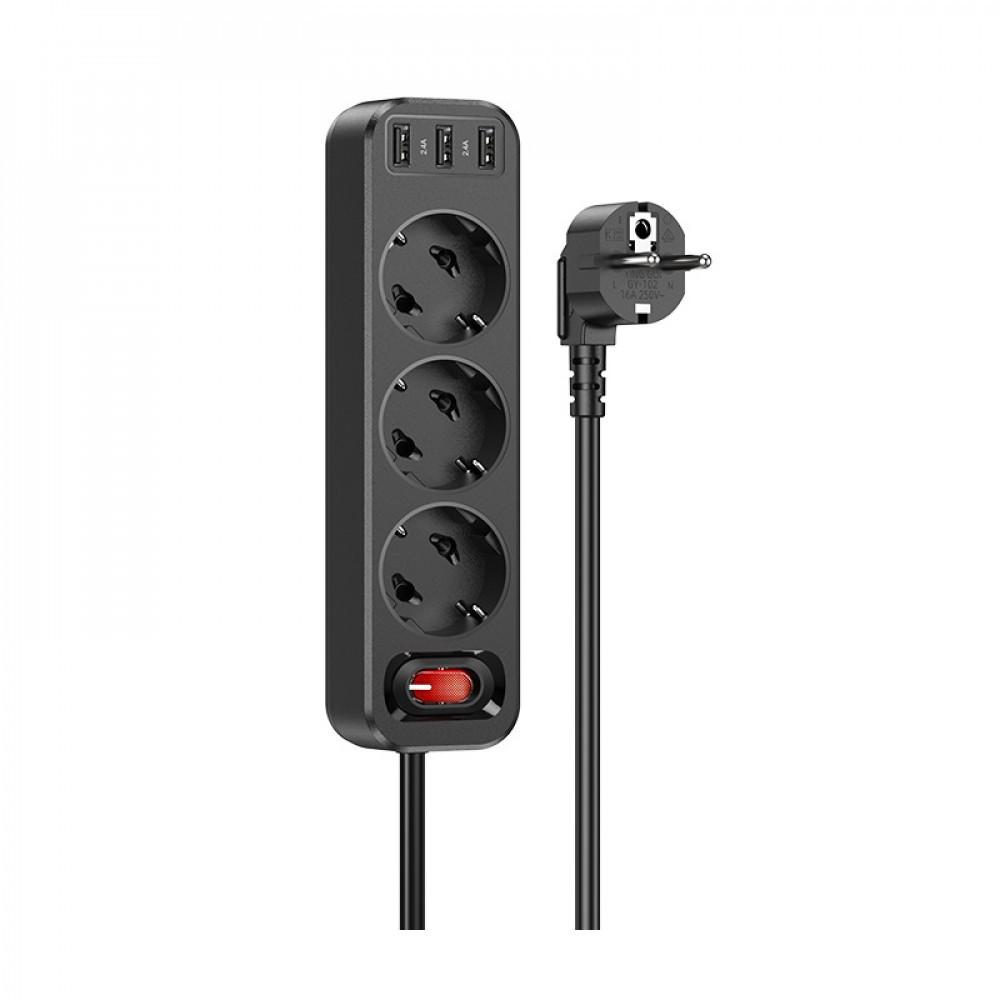 Power Extension 3U | 3P | 1.8m | EU — Hoco NS2 — Black, фото 1