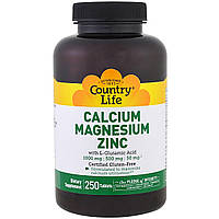 Кальций, Магний и Цинк с L-Глютамином, Calcium Magnesium Zync, Country Life, 250 таблеток ZK, код: 7689658