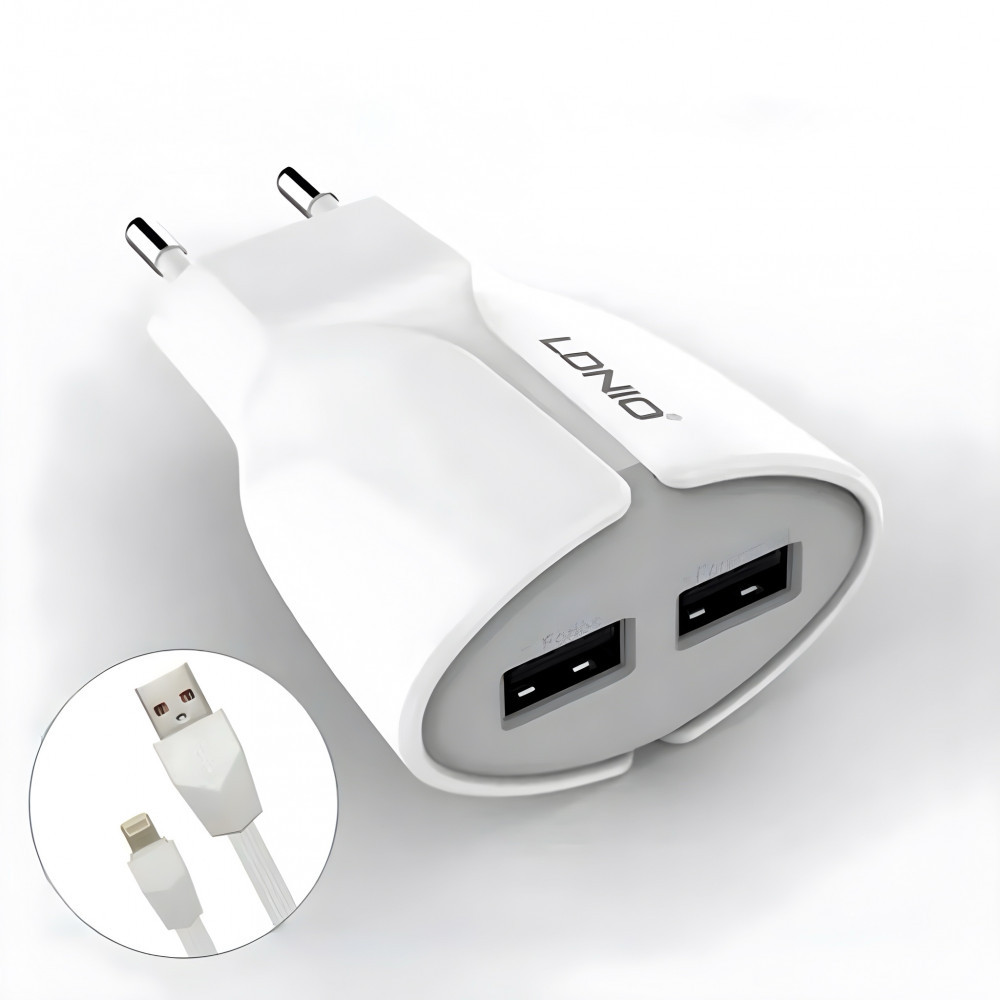 Home Charger 2.1A 2U Lightning Cable (1m) Ldnio A2271 White, фото 1