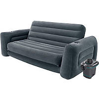 Надувний диван Intex 66552 - 3, 203 х 224 х 66 см. Флокований диван трансформер 2 в 1, з електричним насосом
