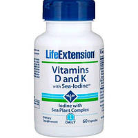 Комплекс Витамин D3+K2 Life Extension Vitamins D and K with Sea-Iodine 60 Caps FV, код: 7595049