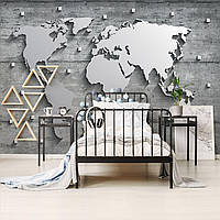 Флізелінові фото шпалери під бетон 3Д Стиль лофт 416x254 см Карта світу зі сталі на стіні (10420VEXXXL) Найкраща якість