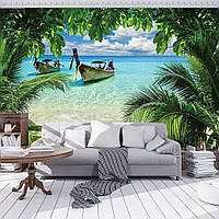 Флизелиновые обои море пляж фото 368x254 см 3Д Лодки в тропических джунглях (225V8) Клей в подарок