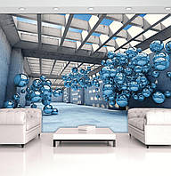 Современные флизелиновые 3 д фото обои 416х254 см Большая комната с синими шарами (10134VEXXXL) Клей в подарок
