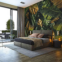 Флизелиновые 3D фото обои с листьями 368 x 254 см Зеленые и золотые цветы монстеры (13803V8) Лучшее качество