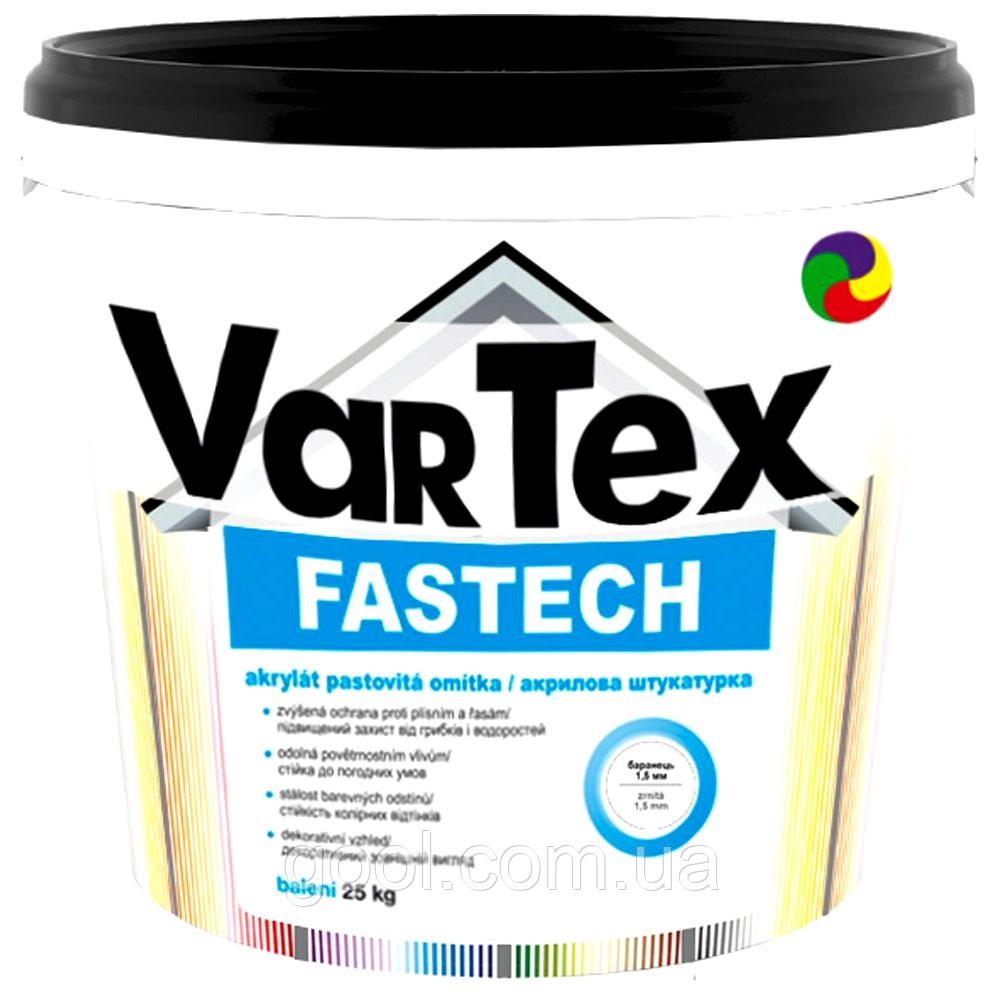 Vartex Fastech Akrylat акрилова декоративна штукатурка баранець шуба камінцева товщина зерна 1,5 мм відро 25 кг, фото 1